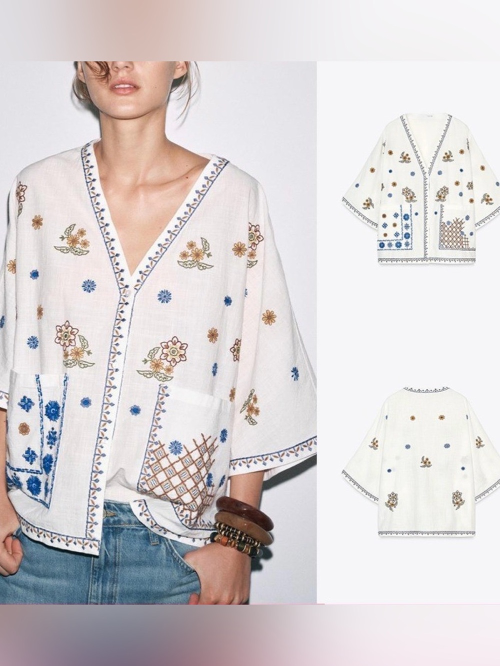 Zara Embroidered Top Duster Kimono cardigan oversized XS creamy white pockets
